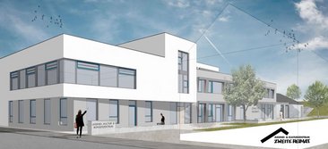 Darstellung eines Wohnzentrums mit modernem Design und Umgebung