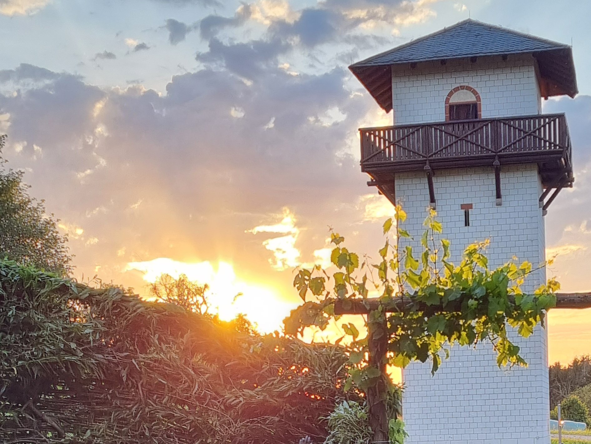 Eine Skulptur in einem Garten mit einem weißen Turm im Hintergrund bei Sonnenuntergang.