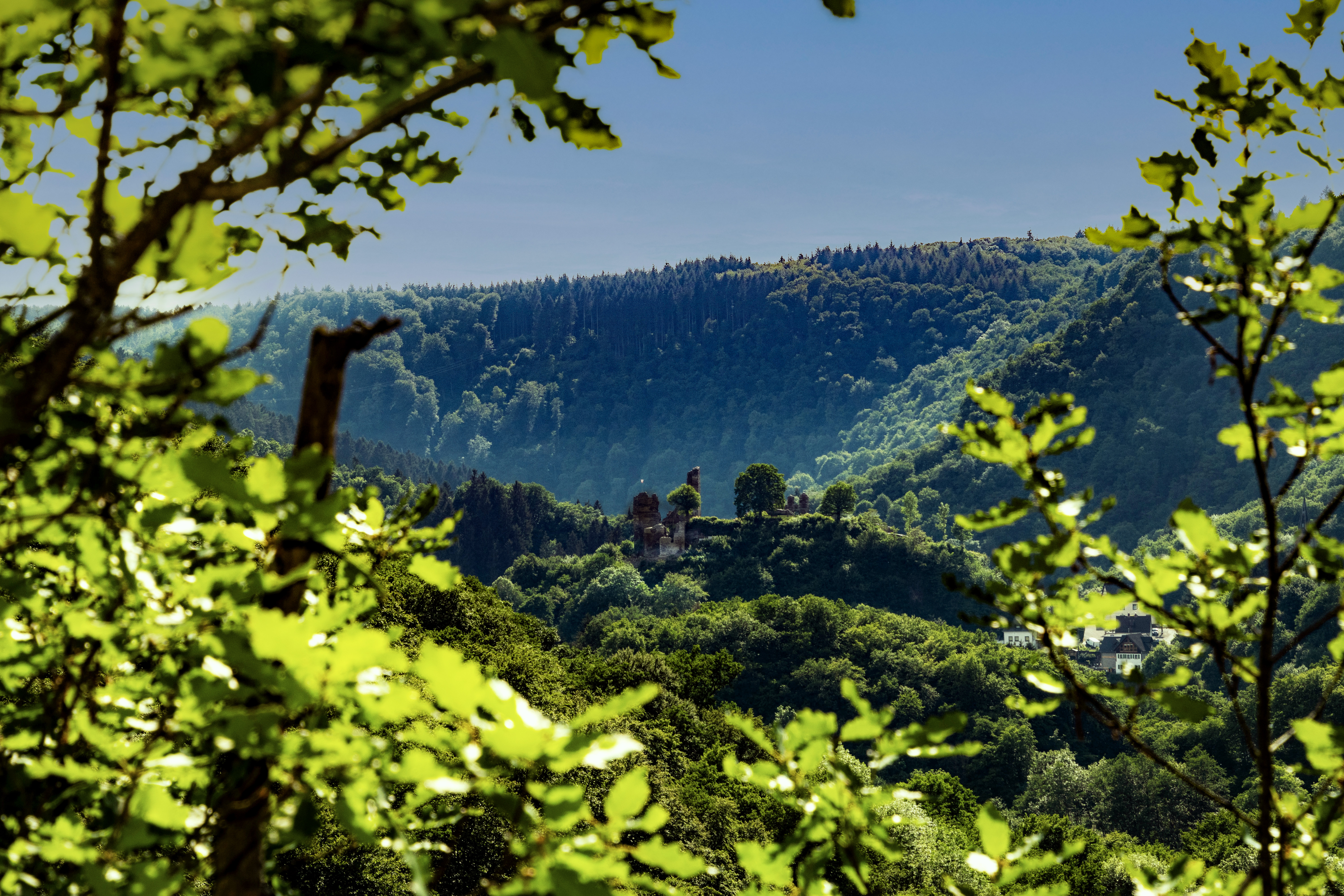 Blick auf eine Burgruine umgeben von grünen Hügeln und Bäumen