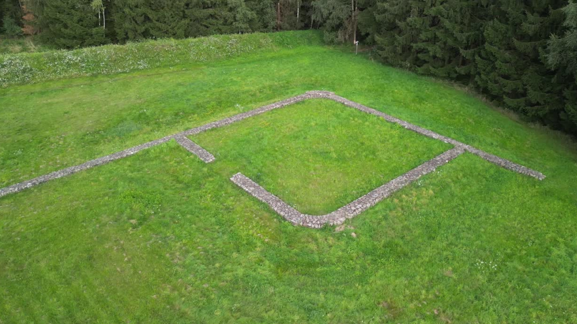 Archäologische Ruinen umgeben von Gras und Bäumen
